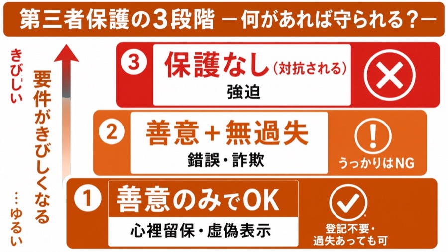 図 意思表示と第三者保護の3段階(タップ/ピンチで拡大)